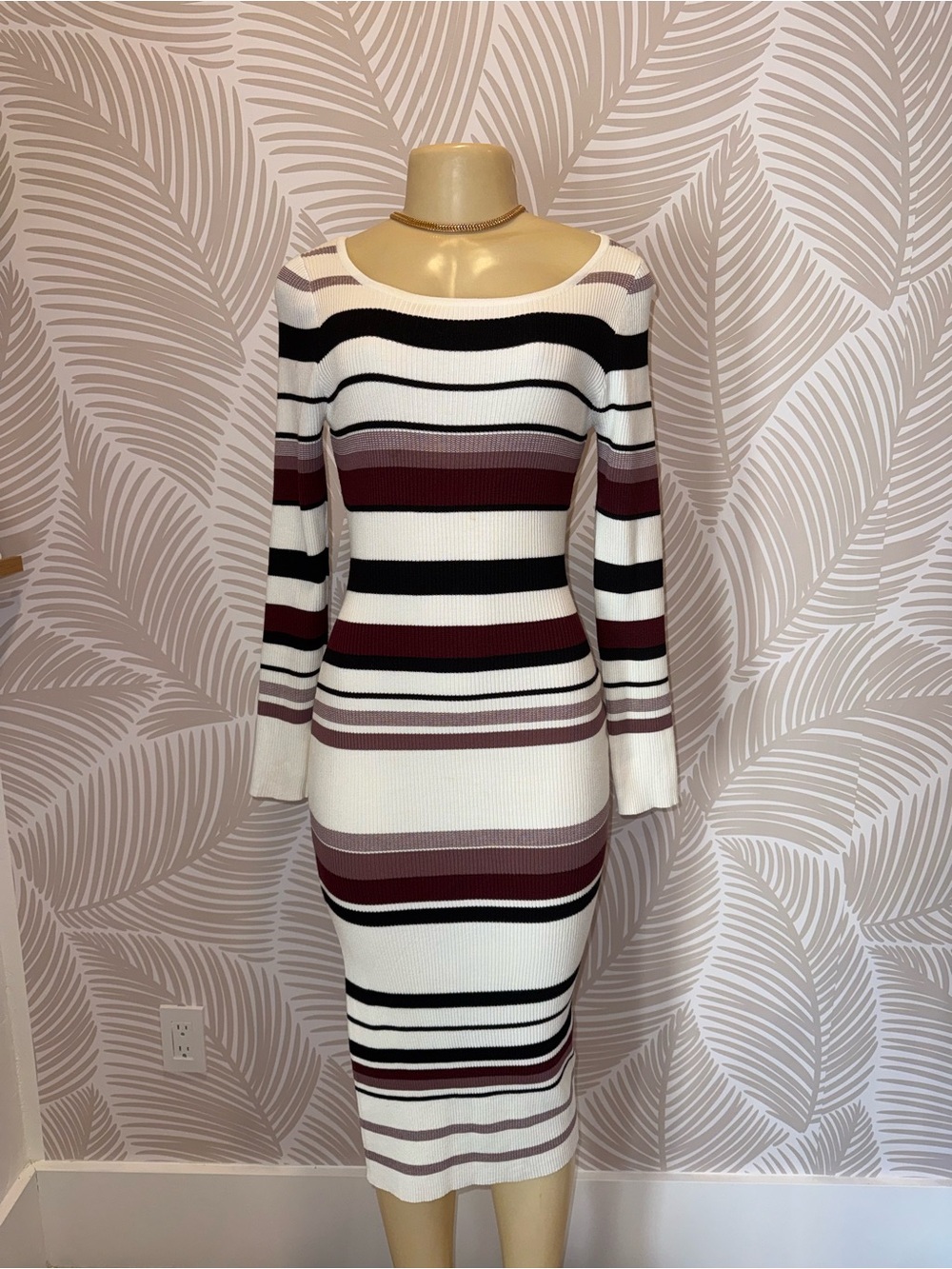 Striped Long Sleeve Bodycon Dress in White and Burgundy